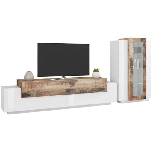 Dmora - Meuble Mural Djazir, Ensemble De sélon Meuble Tv, Meuble De sélon Polyvalent, 100% Made In Italy, Cm 280x45h121, Blanc Brillant Et érable