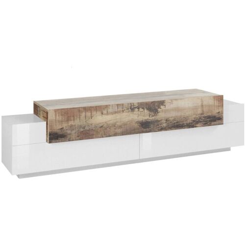 Altri - Meuble Tv De sélon, Made In Italy, Meuble Tv Avec 3 Portes Et étagères, Cm 200x45h52, Couleur Blanc Brillant Et érable