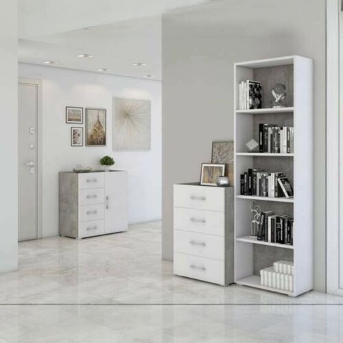 Dmora - Bibliothèque Dedjoum, Bibliothèque Avec 4 étagères Réglables, étagère à Livres, Unité Murale Avec étagères, 100% Made In Italy, 60x30h195 Cm, Blanc Et Béton