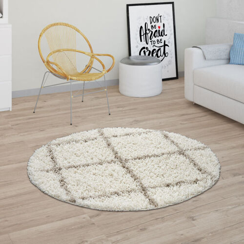 Paco Home - Tapis sélon Poils Longs Shaggy Design Scandinave Avec Motif Losénges, Moderne Beige 120 Cm Rond