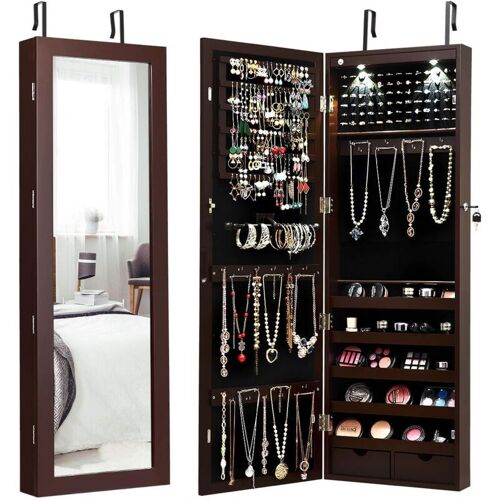 Relax4life - Armoire À Bijoux Verrouillable Avec Miroir Plein Et Led, Organiséteur De Bijoux Accrochable En Mdf Avec Grande Capacité De Rangement Pour Bracelets Colliers Bagues (Marron Avec Cadre)