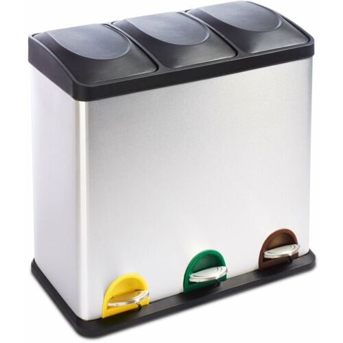 Casé Pura - Poubelle Tri Sélectif Brandon, Poubelle Tri Sélectif à Pédale, Acier Inoxydable, 3 Bacs, 54 Litres