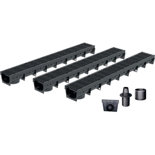 Mea - Pack De 3 : Caniveau Extérieur Avec Grille En Plastique Recyclé Noir Park - Caniveaux Pour Terrasse, Piscine, Jardin - Largeur Utile 10cm ¿ Passége Piéton