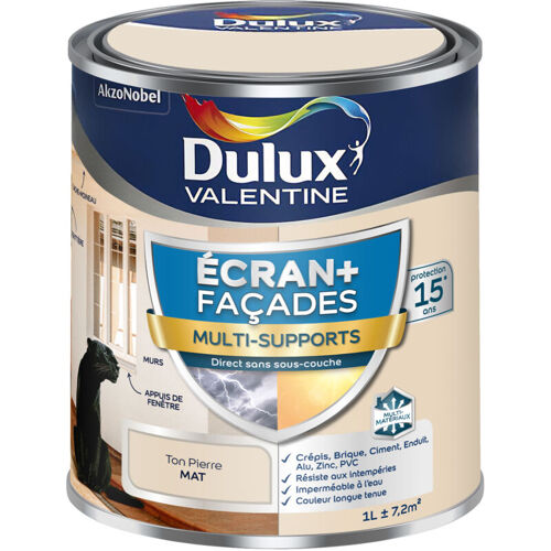 Dulux Valentine - Peinture Ecran+ Multi-supports Façade - Protection 15 Ans Sur 15 Matériaux - Mat Ton Pierre 1 L