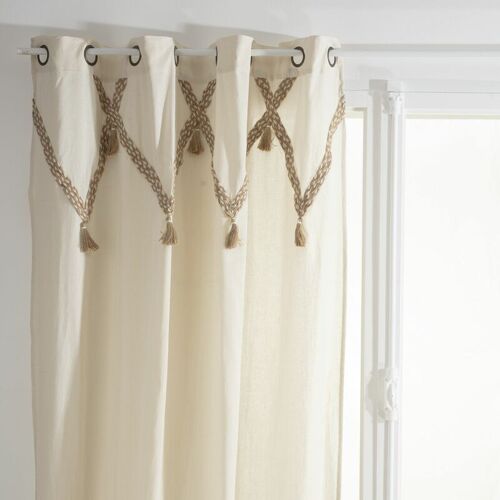 Lot De 2 Rideaux Carmen À Pompons En Jute - 140 Cm X 260 Cm - Beige