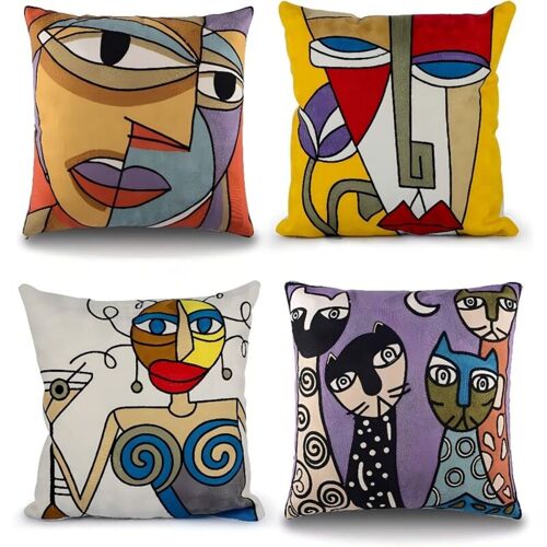 Galozzoit - Lot De 4 Housse De Coussin Picasso 45x45 Cm Coton Lin Brodé Housses Coussins Canapé Décoration Sélon Scandinave Chambre Lit Fauteuil De Bureau Design Motif Visége Abstrait Vintage Colorée