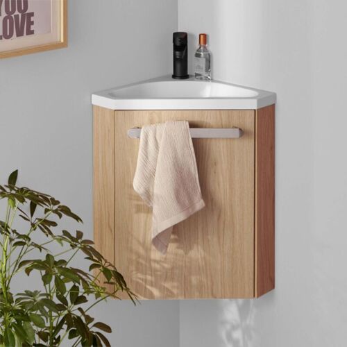 Meuble lave-mains décor chêne avec vasque blanche + robinet noir