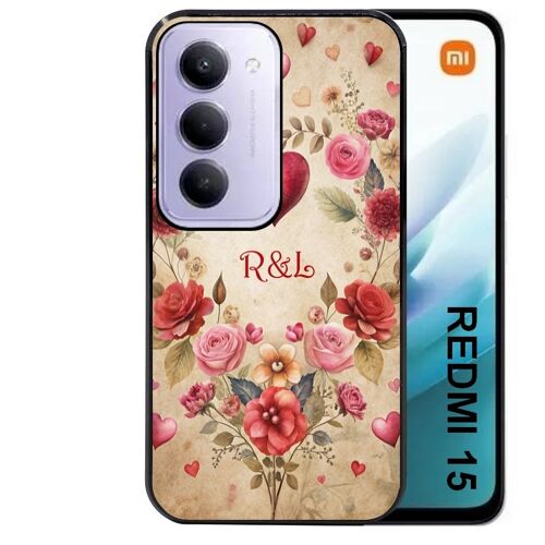 Coque noire Taperso pour Redmi 15 4G et 5G avec motif coeur vintage et initiales personnalisee