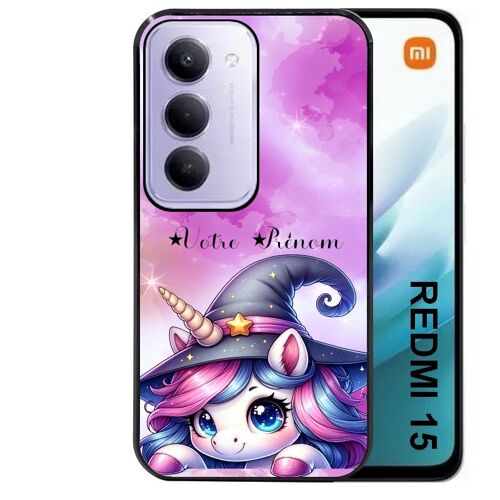 Coque noire Taperso pour Redmi 15 4G et 5G avec motif licorne magic avec prenom