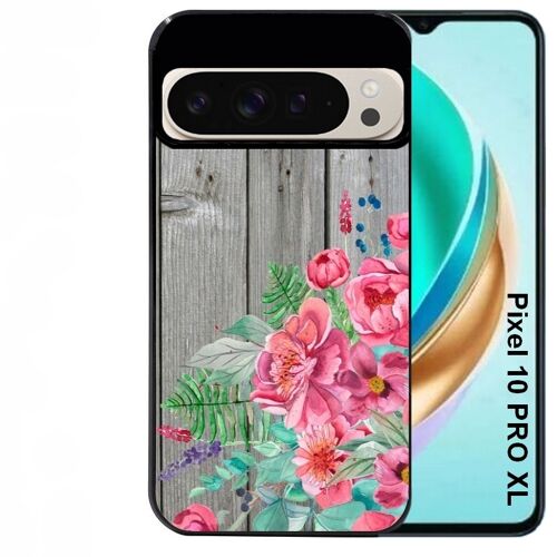 Coque noire Taperso pour PIXEL 10 PRO XL avec motif bois gris et fleur rose