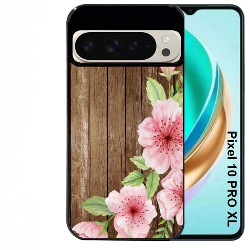 Coque noire Taperso pour PIXEL 10 PRO XL avec motif bois avec fleur rose