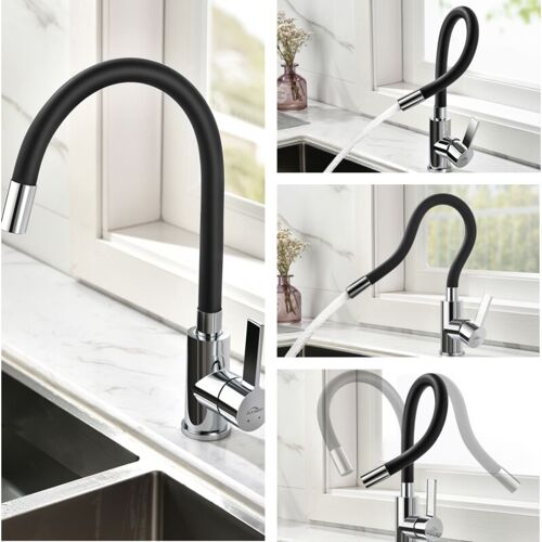 Robinet De Cuisine Flexible Bec Haut Orientable Librement Mitigeur évier Laiton Chromé Robinet Evier Monotrou à Eau Chaude Et Froide Noir - Auralum
