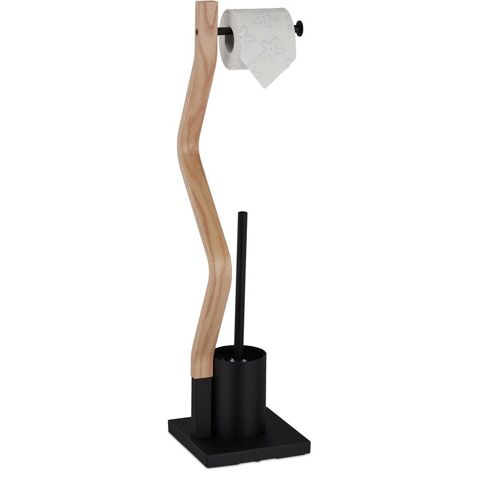 Serviteur Wc Non Fixe, Porte-rouleau, Brosse Et Son Support, H X L X P : 75 X 18,5 X 18,5 Cm, Noir Et Nature - Relaxdays
