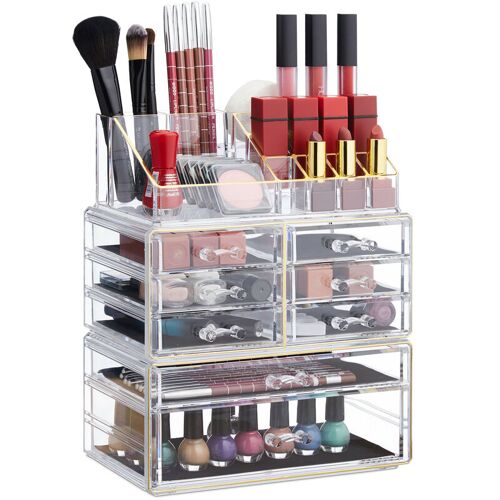 Boîte Rangement Maquillage Make Up Organiséteur Cosmétiques Tiroirs Compartiments, Transparent-doré - Relaxdays