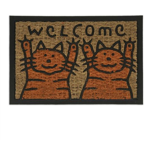 Relaxdays Paillasson Coco, Tapis D'entrée, Chat Welcome, 60x40 Cm, Caoutchouc, Intérieur, Extérieur, Orange/Nature