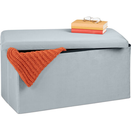 Banquette De Rangement, Revêtement Velours, 80 L, Entrée, sélon, Coffre à Assise Matelassée, 38x77x39 Cm, Gris - Relaxdays
