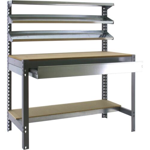 Etabli D'Atelier Avec Tiroir à Glissières Télescopiques, Capacité De Charge 600 Kg, 1445x1210x610 Mm, 3 étagères Supérieures, Table De Travail Bricolage, Gris/bois - Bt-1 - Simonrack