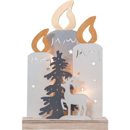 Décoration De NoÃ«l Led Faune De Motifs De NoÃ«l En Bois Avec éclairage Et Minuterie, Blanc Chaud, Fonctionne Sur Piles, Hauteur : 34 Cm - Star Trading