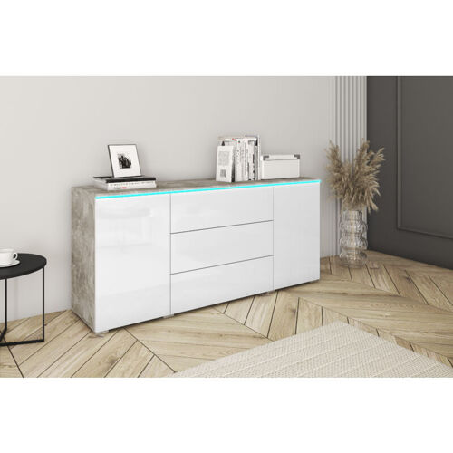 Bratex - Commode Vera 150 Cm, Commode, Bahut, éclairage Led Inclus, Couleur Béton/blanc Brillant