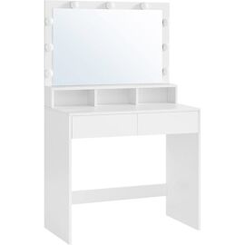 Vaségle - Coiffeuse Avec Miroir, 80 X 40 X 140 Cm Avec Led, 2 Tiroirs Et 3 Compartiments De Rangement, Pas Tabouret, Style Moderne, Blanc