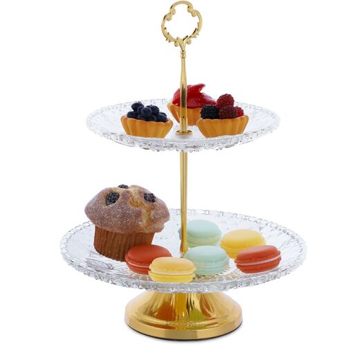 Présentoir à Gâteaux, Verre Et Fer, H X D : 30 X 23 Cm, Plat De Service, 2 étages, Transparent/doré - Relaxdays