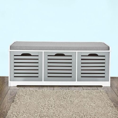 Sobuy - Meuble à Chaussures Avec Coussin D'Assise Et 3 Paniers Amovibles ¿ Banc De Rangement Entrée, Blanc Et Gris, 105x35x43cm, Fsr23-hg