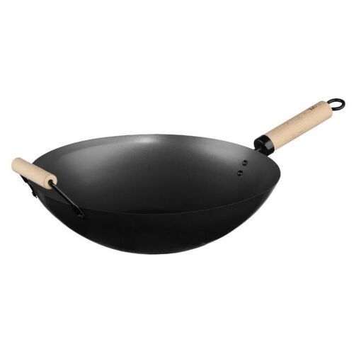Secret De Gourmet - Wok Acier Carbone 35 Cm Avec Manche En Bois Gris