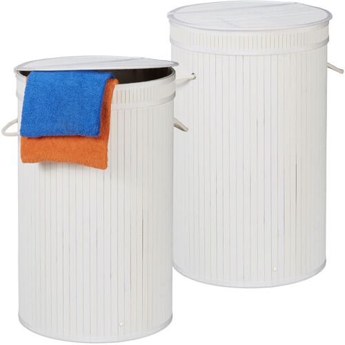 Panier à Linge Bambou, Lot De 2, Pliable, Corbeille à Linge Ronde, 65 L, séc à Linge, 40 Cm, Blanc