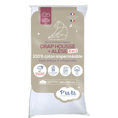 P'tit Lit - Protège Matelas Bébé 2 En 1 Alèse + Drap Housse 60x120 Cm Imperméable - 100% Coton - Souple Et Silencieux - Respirant - Oeko Tex - Blanc