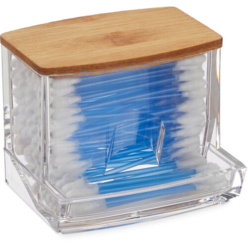 Relaxdays - Distributeur Coton-tiges, Acrylique, Bambou, Petite Boîte, Rangement, sélle De Bain, Transparent/nature