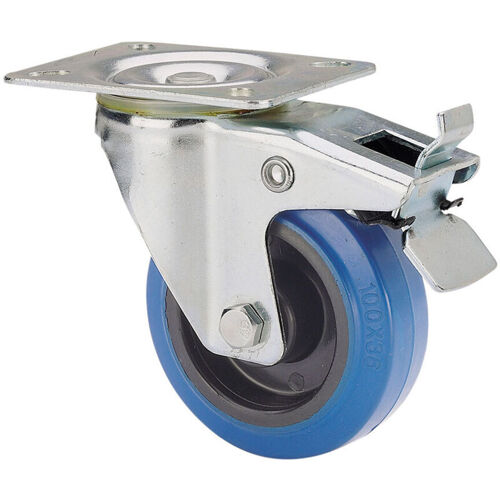Roulette Pivotante Ofcaoutchouc Avec Plaque, Essieu Of Rouleaux Et Frein, Couleur Bleue, Charge Max. 100 Kg, 10 Cm