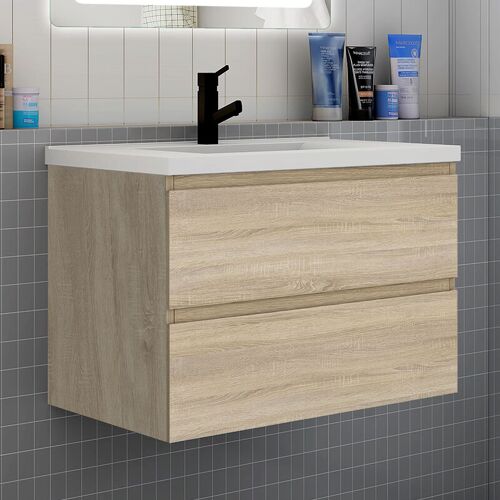 Meuble De sélle De Bain Suspendre Avec Vasque 2 Tiroirs Fermeture Amortie Meuble De Rangement Bois Clair - 80cm