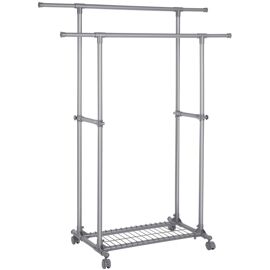 Portant Double Barre Porte-vêtements Mobile Extensible Entre 87 à 150 Cm Avec Roulettes Et étagère De Rangement Capacité De Charge 70 Kg Pour Manteaux écharpes Gris