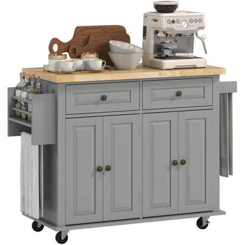 Desserte De Cuisine Multi Rangements 2 Tiroirs 2 Placard 2 Portes Avec étagère Range-bouteille Porte-torchons Mdf Gris Hévéa