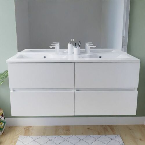 Meuble Double Vasque 120 Cm Rosély Inox- Blanc- Plan Vasque En Résine