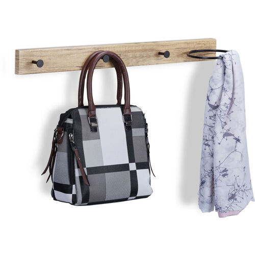 Portemanteau Mural Avec 3 Patères Et Anneau, Mdf Et Métal, Hlp : 13x65x14,5 Cm, Marron Clair/noir - Relaxdays