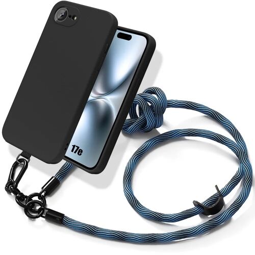 Coque pour iPhone 17e, Silicone Souple Noire Anti-Rayures avec Cordon Robuste Bleu - E.F.Connection