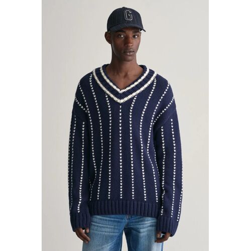 Pull Relaxed En Laine - Bleu Marine Homme L (Fr) Blanc/Bleu