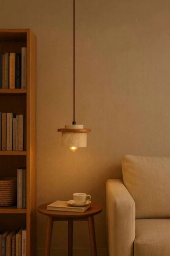 Suspension En Bois Et Travertin - Beige - 40 W