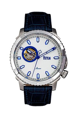 Montre Automatique En Cuir - Bleu Foncé Et Argenté