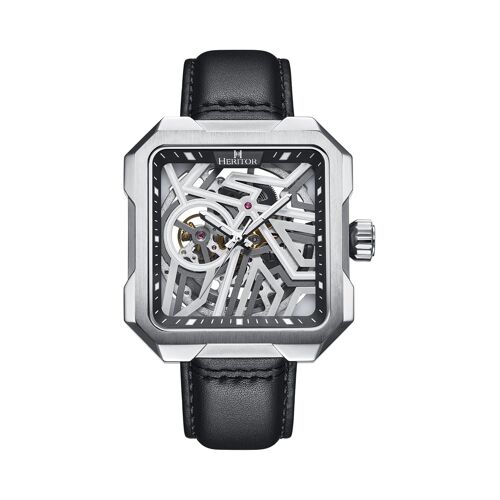 Montre Squelette Automatique Japonaise En Cuir Noir Et Argenté