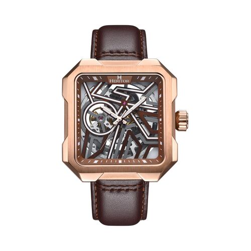 Montre Squelette Automatique Japonaise En Cuir Marron Et Doré Rose