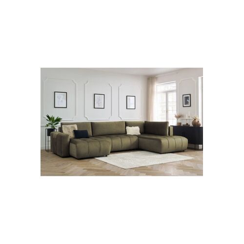 Canapé d'angle gauche panoramique convertible Arsene - Vert - Couchage 135 x 325 cm