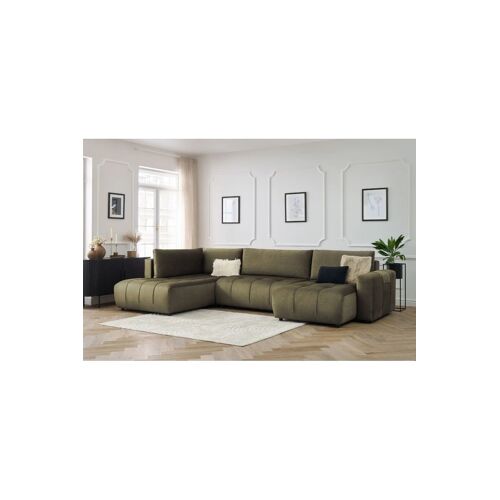 Canapé d'angle droit panoramique convertible Arsene - Vert - Couchage 135 x 325 cm