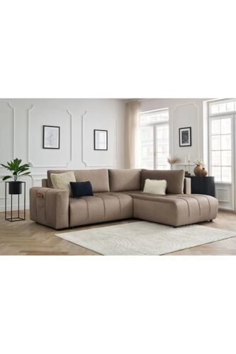Canapé d'angle droit convertible Arsene - Taupe - Couchage 135 x 204 cm
