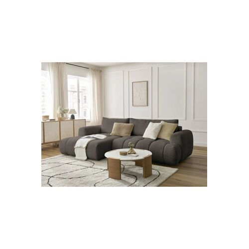 Canapé d'angle gauche convertible Fuji - Gris foncé - 3 places - En tissu bouclette