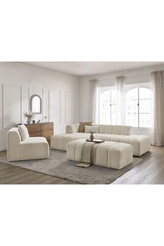 Canapé d¿angle gauche modulable 5 places, chauffeuse et pouf Annecy - Beige - En tissu bouclette