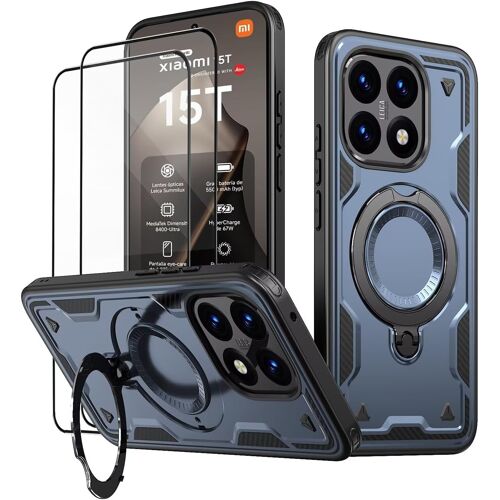 JGD-Coque pour Xiaomi 15T / 15T 5G avec Verre Trempé*2, Militaire Etui Antichoc Housse avec Téléphone avec Anneau et Support - Coques Bleu