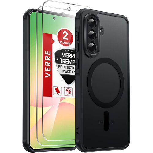 KALANKA-Coque Magnétique pour Samsung Galaxy A56 5G, avec 2 Verre Trempé,Compatible avec MagSafe,Étui Housse Antichoc Bumper TPU Dos Translucide Mat Fine, Noir