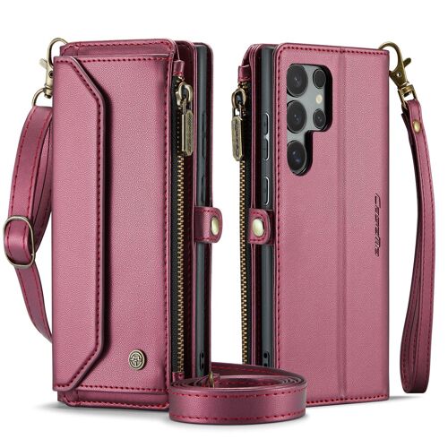 Compatible avec l'étui de protection Samsung Galaxy S25 de type portefeuille ¿ 10 emplacements pour cartes, poche zippée, bandoulière, rabat en cuir PU avec compartiment pour billets / Rouge